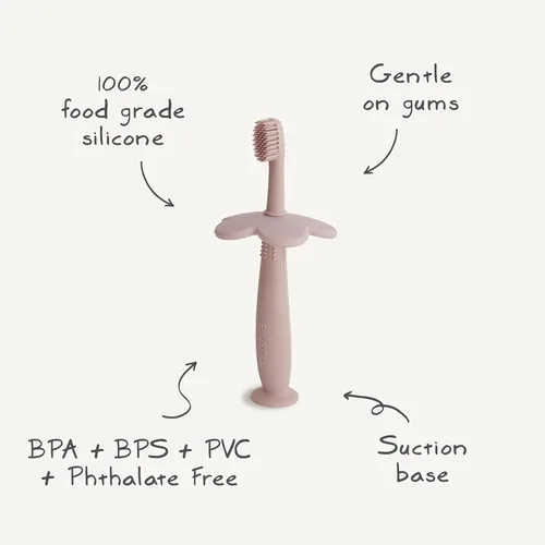 Vista 2 de mushie - Cepillo de dientes para niños pequeños con diseño de flor (rosado)