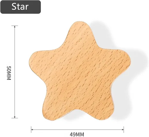 Vista 2 de 2 pomos de madera con forma de estrella, pomos decorativos de madera para aparador con tornillos, tiradores de tocador de madera sin terminar, pomos