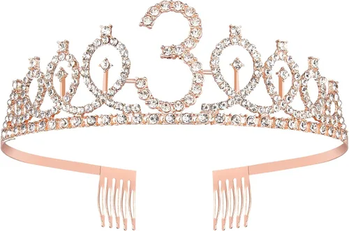 Vista 4 de Tiara de cumpleaños de oro rosa, banda y corona para niñas de tercer cumpleaños, suministros de recuerdo de fiesta