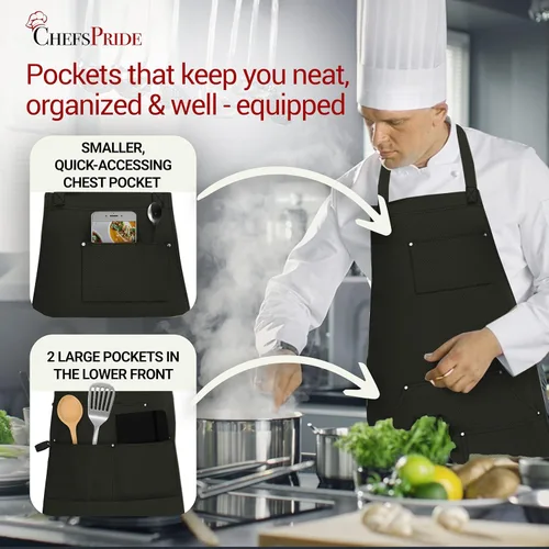 Vista 3 de CHEFSPRIDE Professional Chef Apron for Men & Women - 100% Cotton Adjustable Kitchen Chef Apron with Cross Back & Tool Pockets
