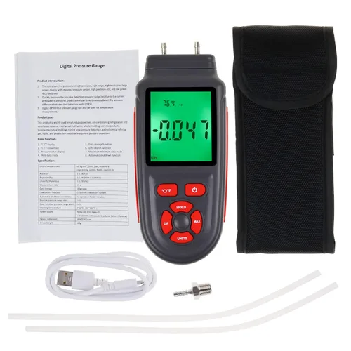 Vista 9 de Medidor de presión de gas de manómetro, manómetro digital de doble puerto con función de registro de datos, 12 unidades seleccionables, manómetro