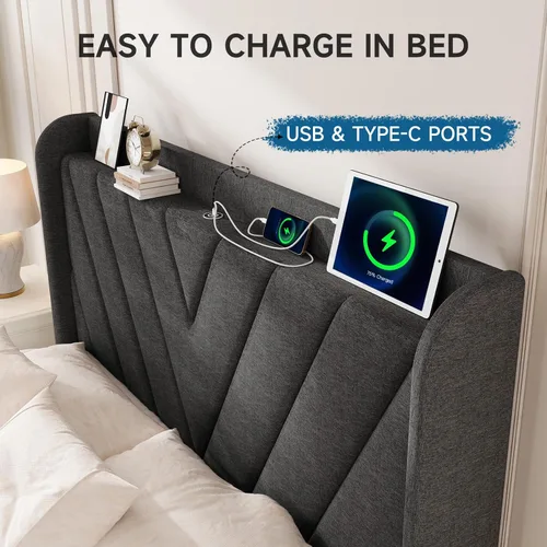 Vista 82 de koorlian Base de cama Queen con cabecero, base de cama tapizada ajustable con puertos tipo C y USB, cabecera de almacenamiento con respaldo de ala