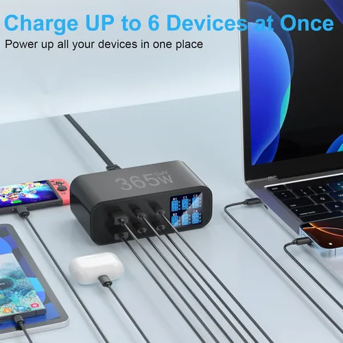 Vista 3 de Cargador USB C de 6 puertos con pantalla LED de brillo ajustable, estación de carga USB, cargador rápido multipuerto PD 100 W 65 W QC 3.0 compatible