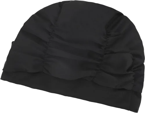 Vista 4 de Gorro de natación grande para mujer, de pelo largo, gorro de natación, de nailon elástico de gran tamaño, con pliegues elegantes Negro