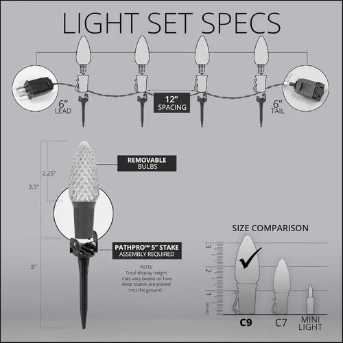Vista 4 de Wintergreen Lighting 25’ OptiCore LED Luces navideñas verdes para camino, C9 Luces navideñas para exteriores, estacas de 4.5”, cable verde