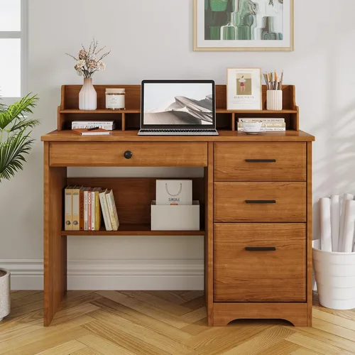 4 EVER WINNER - Escritorio para computadora con cajones para espacios pequeños, escritorio de madera con gabinete de archivos y soporte para