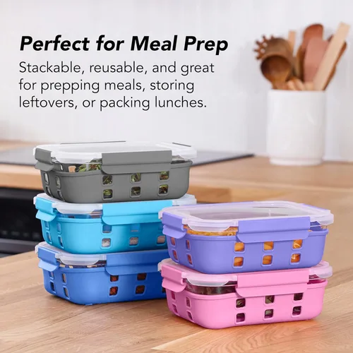 Vista 6 de ECOBERI Recipientes de vidrio para preparación de comidas de 4.5 tazas con tapas y fundas de silicona, paquete de 3 recipientes herméticos