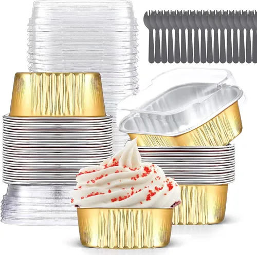 Vista 11 de Findful - Juego de 40 moldes cuadrados de papel de aluminio para cupcakes de 10 oz con tapas, moldes para brownies, moldes desechables grandes