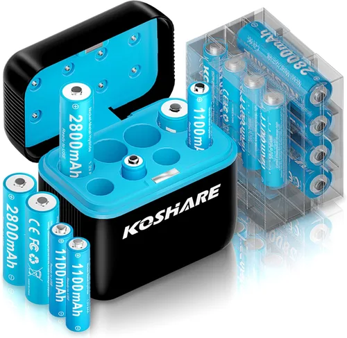 Vista 9 de Baterías AA AAA recargables con cargador de 16 piezas, baterías recargables Ni-MH de 1.2 V con 8 pilas AA de 2800 mAh y 8 pilas AAA de 1100 mAh