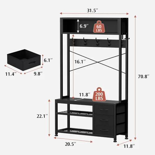 Vista 4 de Lulive Perchero de pie con banco y almacenamiento de zapatos, perchero independiente de 31.5" con estante de almacenamiento de 2 niveles, banco
