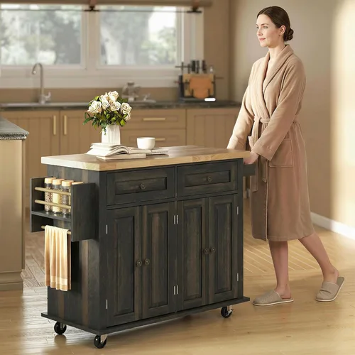Vista 8 de HOMCOM Carrito de Isla de Cocina con Superficie de Madera de Caucho, Mesa de Isla de Cocina Rodante sobre Ruedas con Cajones, Estantes Ajustables