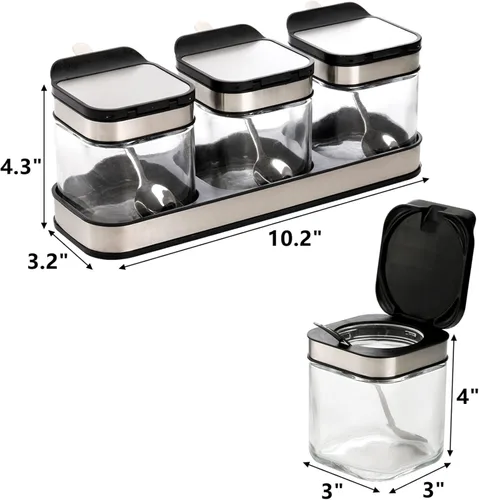 Vista 2 de DEAYOU Paquete de 3 cajas de condimentos de vidrio con bandeja, recipiente transparente para condimentos con tapa de acero inoxidable 18/10
