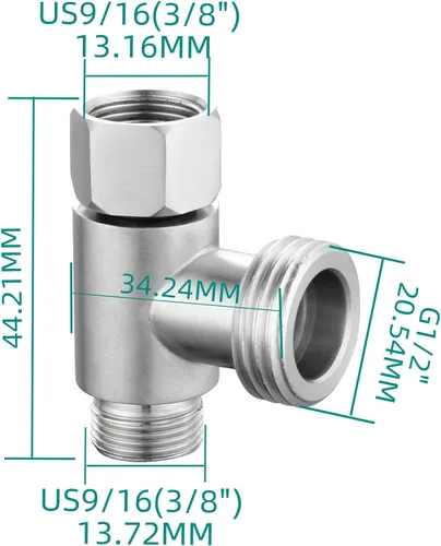 Vista 4 de Tecmolog Add On Tee Fitting Divisor de línea de suministro de agua de inodoro de acero inoxidable 3/8 "x 3/8" x 3/8", níquel cepillado, 1 unidad