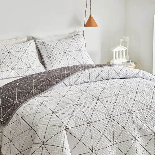 Vista 6 de Juego de edredón reversible de 2 piezas, cuadriculado blanco y gris, tamaño individual 68 x 86 pulgadas, suave microfibra ligera, colcha de verano