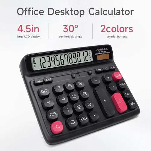 Vista 2 de VEWINGL Calculadora de escritorio, pantalla LCD grande de 12 dígitos, teclas grandes estilo computadora, doble potencia (solar y batería), modo