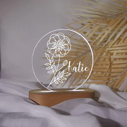 Vista 3 de Luz nocturna de flor de nacimiento, luz de noche de flor de caléndula de octubre, luz LED personalizada, regalos para amigos, lámpara de noche LED
