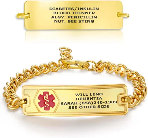 Vista 9 de Divoti Pulsera de Alerta de Identificación Médica Grabada Personalizada, Condiciones Personalizadas de 4 Líneas Cadena de Cuerda de Acero