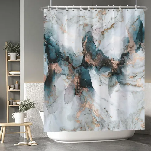 Vista 179 de Baocicco Cortina de ducha de mármol azul abstracto a rayas, decorativa, textura de lujo, línea moderna, decoración de acuarela, juego de cortinas