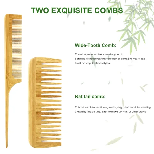 Vista 6 de MRD Juego de cepillos para el cabello, peine de bambú natural, cepillo desenredante de paleta, peine de dientes anchos y cola sin cerdas, adecuado