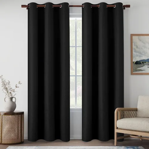 Vista 51 de Cortinas de Lino Beige con Bloqueo Total de Luz de 64 Pulgadas de Largo, Lino Sintético Texturizado con Bloqueo de Calor y Aislamiento Térmico