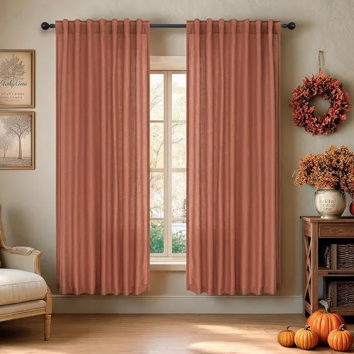 Vista 49 de Cortinas de lino crema de 102 pulgadas de largo para sala de estar, dormitorio, 2 paneles con bolsillo con pestaña trasera, filtro de luz, cortina