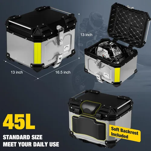 Vista 5 de Maleta superior para motocicleta, bolsa trasera de motocicleta de 45 L, maletero superior de aluminio con sistema de bloqueo antirrobo, fácil