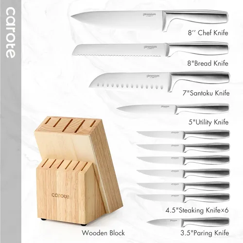 Vista 2 de CAROTE Juego de cuchillos de 12 piezas, juego de bloques de cuchillos de acero inoxidable, cuchillos de cocina con bloque de madera, afilados