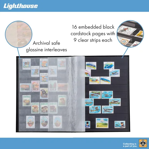 Vista 3 de LIGHTHOUSE - Libro de libros de tapa dura "BASIC" para sellos, 16 páginas de cartulina negra de 9 x 12 pulgadas (A4) con tiras transparentes