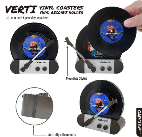 Vista 9 de Divertidos posavasos retro para discos de vinilo, juego de 6 posavasos creativos con soporte para tocadiscos de vinilo para amantes de la música