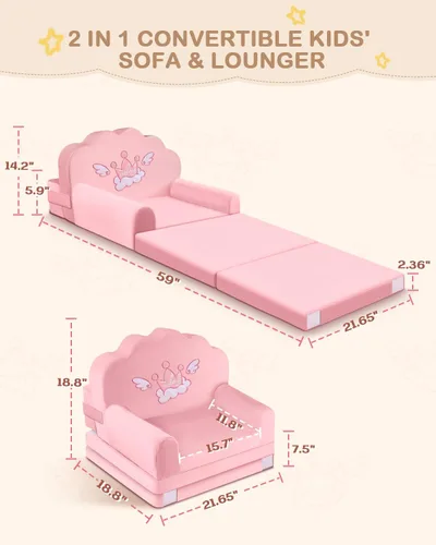 Vista 3 de Crown - Sofá cama para niños con funda extraíble lavable y respaldo de Magic-Tape - Silla plegable para niños pequeños, cómodos muebles