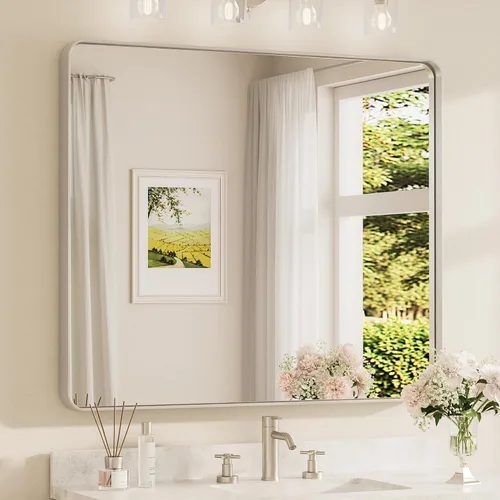 Vista 103 de TETOTE Espejo de marco dorado cepillado de 16 x 24 pulgadas, espejo de tocador de baño de latón dorado para pared, espejo enmarcado rectangular