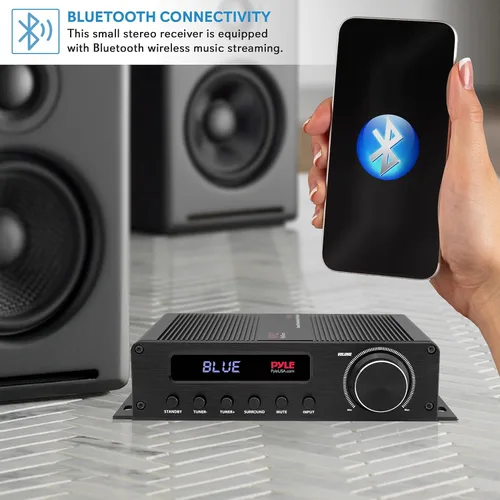Vista 6 de Pyle Amplificador de audio inalámbrico Bluetooth para el hogar, receptor estéreo de cine en casa de 100 W, 5 canales, sonido envolvente con HDMI
