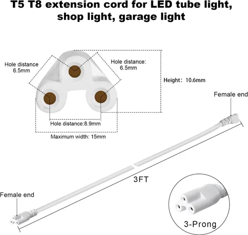 Vista 2 de Cables de extensión de 3 pies T5 T8 Cable de alimentación de cable de lámpara, conector LED de doble extremo hembra, cable de conexión de lámpara