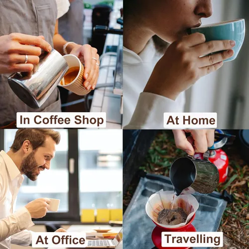 Vista 7 de Jarra de espuma de leche, taza espumadora de leche de acero inoxidable de 12 onzas, jarra de vapor para barra de café, capuchino, accesorios