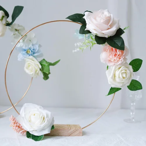 Vista 8 de OurWarm 12 centros de mesa de aro floral de 12 pulgadas con soporte para mesa, piezas centrales de metal con base de madera, centros de mesa dorados