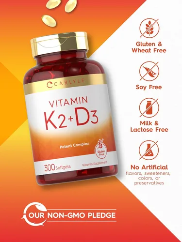 Vista 10 de Suplemento de vitamina K2 D3 de Carlyle 300 cápsulas blandas 200 mcg K2 MK7 y 10,000 UI D3 Sin GMO, sin gluten