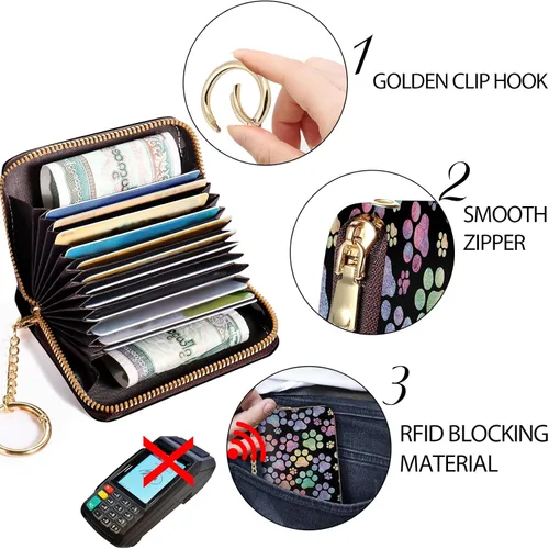 Vista 5 de Yonlevres Tarjetero RFID para tarjetas de crédito, cartera pequeña para mujer con llavero con cremallera, divertido estampado de cuero para tarjetas