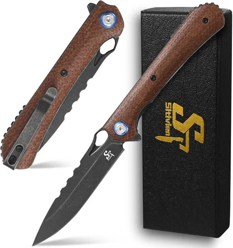 Vista 10 de Sitivien ST145 - Cuchillo de bolsillo plegable, hoja de acero 14C28N, mango G10 EDC herramienta cuchillo para supervivencia al aire libre, Negro