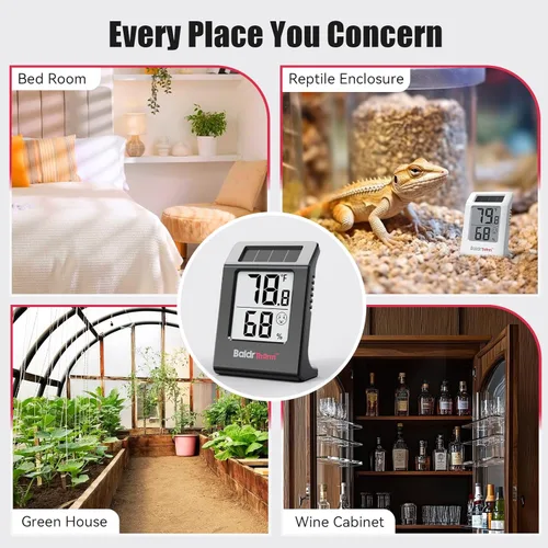 Vista 8 de BaldrTherm Medidor de humedad higrómetro, termómetro de habitación alimentado por energía solar, monitor digital de temperatura para interiores