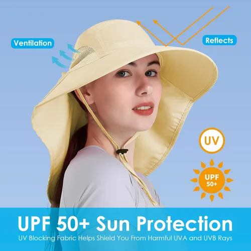 Vista 3 de Sombrero de mujer con protección UV, plegable, impermeable, de ala ancha, tipo cubo, con solapa para el cuello para verano, playa, pesca, senderismo