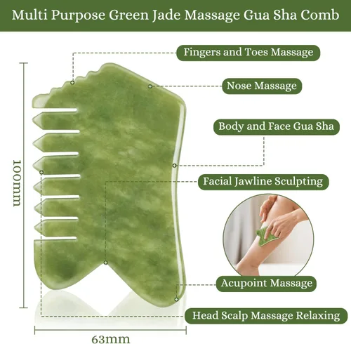 Vista 7 de Peine de masaje de jade, herramienta de peine de masaje de cuero cabelludo de piedra de jade, herramienta Gua Sha facial para mandíbula e hinchazón