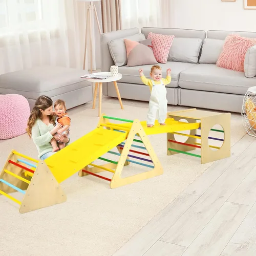 Vista 8 de HONEY JOY Escalador triangular 6 en 1 con rampa, juego de triángulos de escalada para interiores con triángulo de cubo, rampa de doble cara