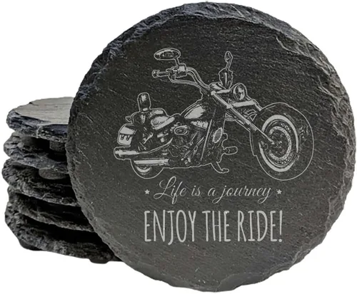 Vista 8 de Level Up Your Man Cave: Posavasos rústicos para los entusiastas de la motocicleta, pizarra redonda, juego de 4