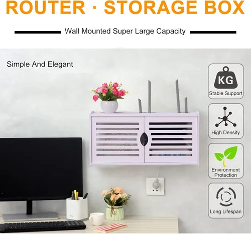 Vista 3 de Soporte de pared doble para puerta, Estante de pared flotante, Caja de almacenamiento WiFi, Caja organizadora de cables, Protector de regleta