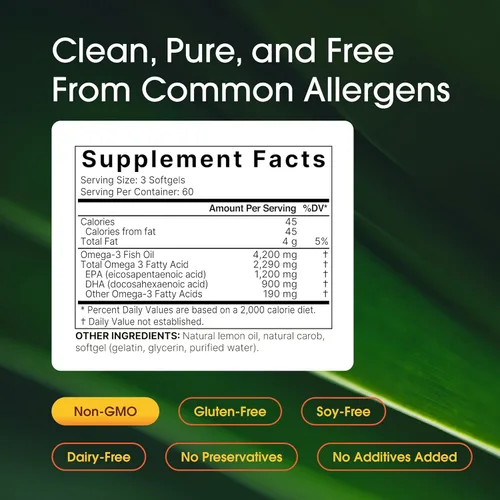 Vista 3 de Aceite de pescado Omega 3 de 4,200 mg, 180 cápsulas blandas que no producen eructos, EPA altamente purificado de 1,200 mg y DHA de 900 mg Sabor a
