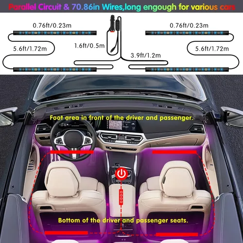 Vista 7 de Luces interiores de coche Keepsmile Accesorios para automóvil Control de aplicación con sincronización de música remota Cambio de color RGB