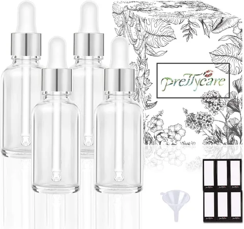 Vista 25 de PrettyCare Botellas de cristal con cuentagotas de 2 onzas líquidas, 12 botellas transparentes vacías gruesas a granel con tapas doradas a prueba
