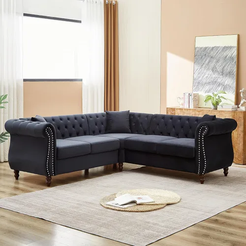Vista 19 de Sofá de 2 plazas Chesterfield de terciopelo gris de 57" para sala de estar, sofá capitoné con brazos enrollados, tachuelas y dos almohadas para sala