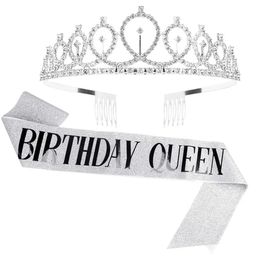 Vista 10 de CAVETEE Corona de cumpleaños y banda para mujer, juego de tiara de diamantes de imitación de reina, decoraciones, coronas negras