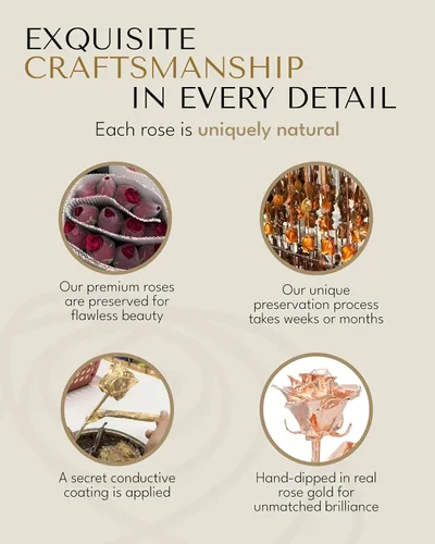 Vista 6 de Forever Rose Rosa real sumergida en oro rosa, hecha a mano preservada en jarrón de corazón de acrílico y caja de regalo dorada de lujo, regalo